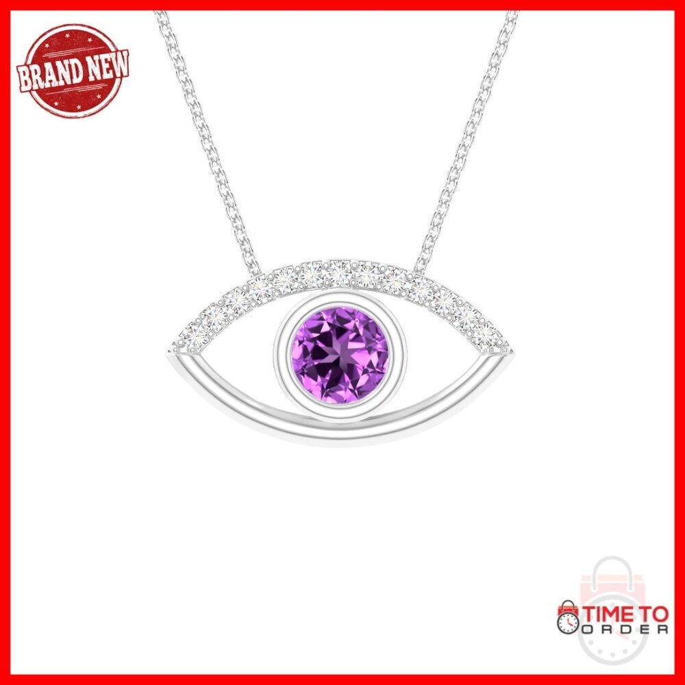 Amethyst Moissanite Evil Eye Pendant Necklace Sterling Silver 18K Gold Vermeil